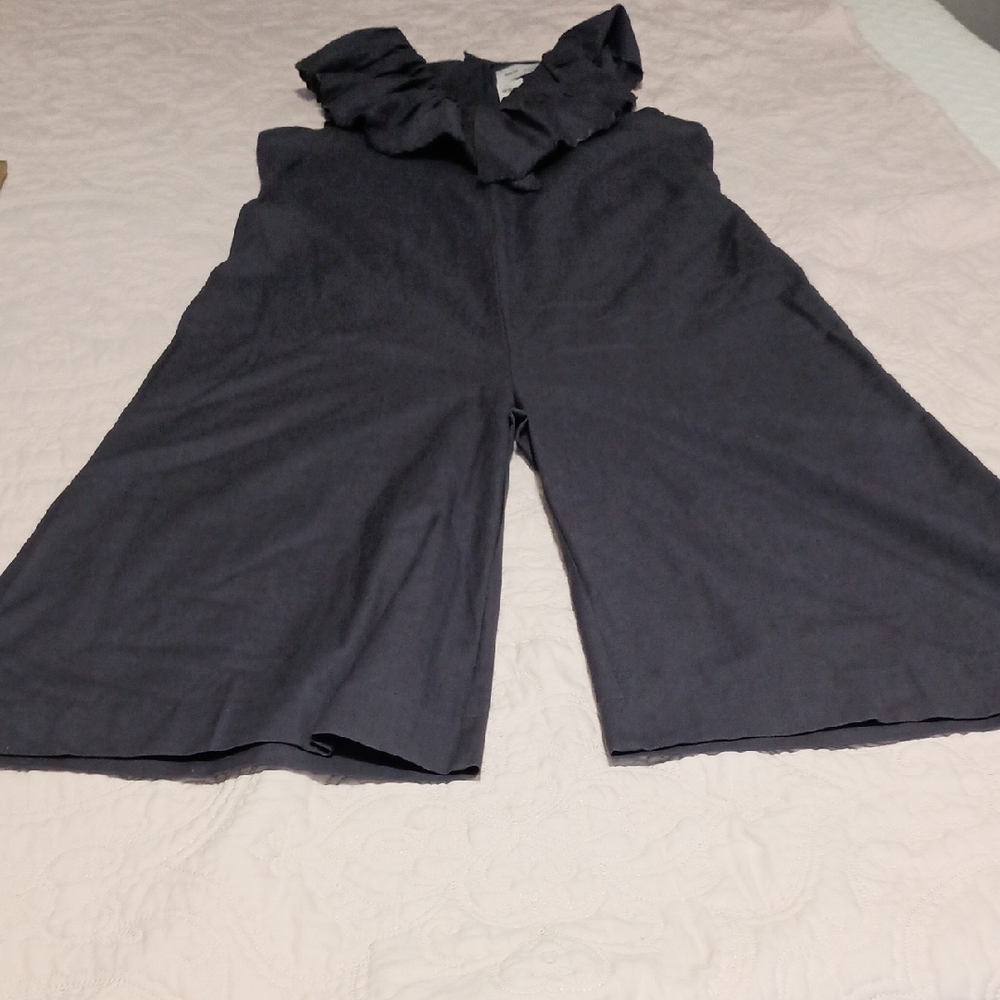 Anthropologie Navy Wide-Leg Ruffle-Neck Jumpsuit